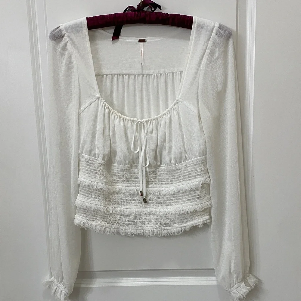 Free People White Smocked Tie-Front Blouse